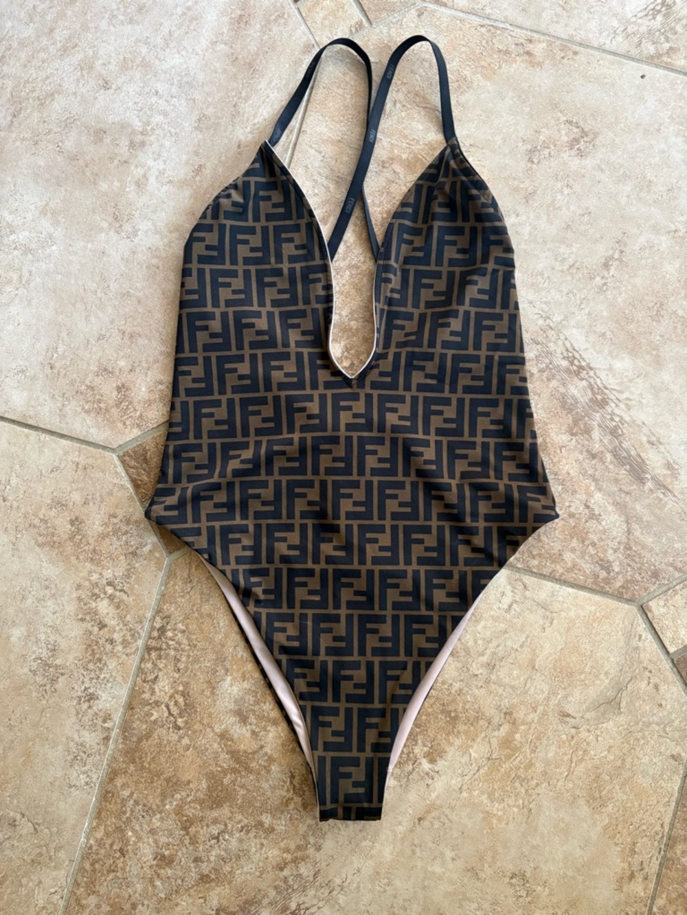 Fendi FF Logo Plunge One-Piece Swimsuit in Brown and Black